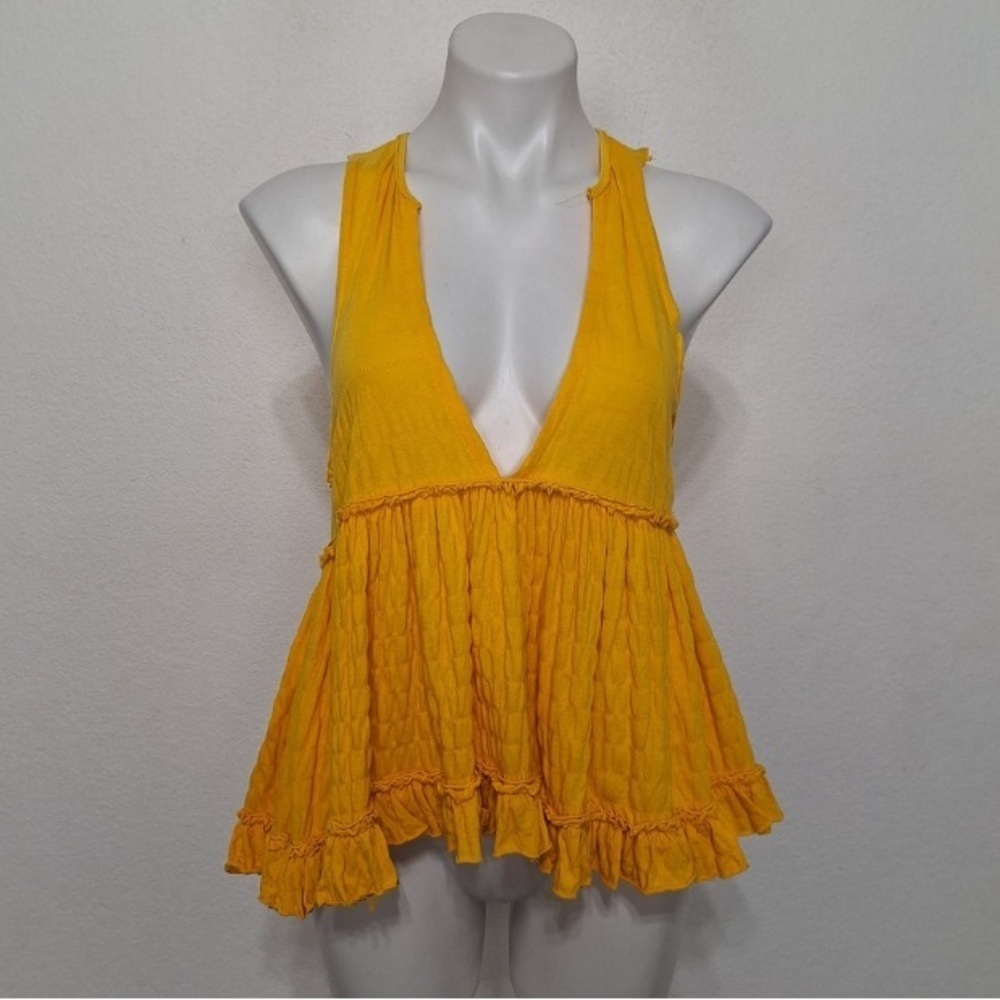 Urban Outfitters Yellow Crinkle Peplum Bohemian Boho Hippie Festival Top Size S